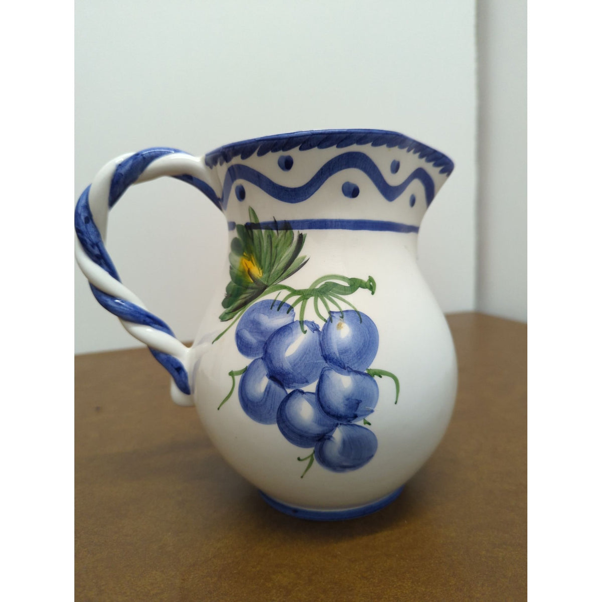 Hand-Painted Italian Ceramic Pitcher With Fruit Design & Blue Trim 5.5" Tall