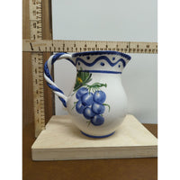 Hand-Painted Italian Ceramic Pitcher With Fruit Design & Blue Trim 5.5" Tall