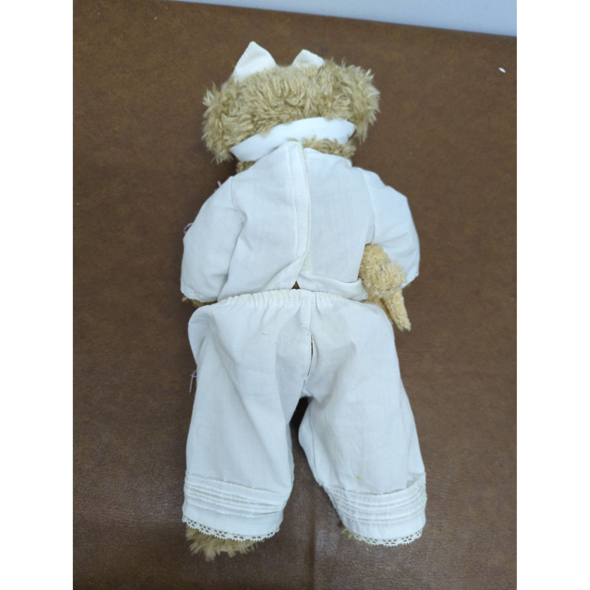 Vintage Stuffed Teddy Bear In White Outfit Holding Small Bear 12 Inches