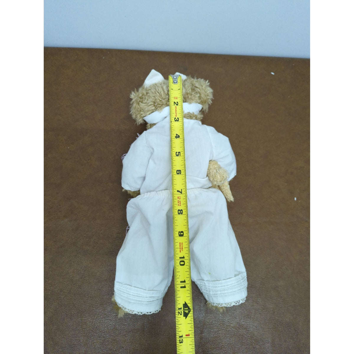 Vintage Stuffed Teddy Bear In White Outfit Holding Small Bear 12 Inches