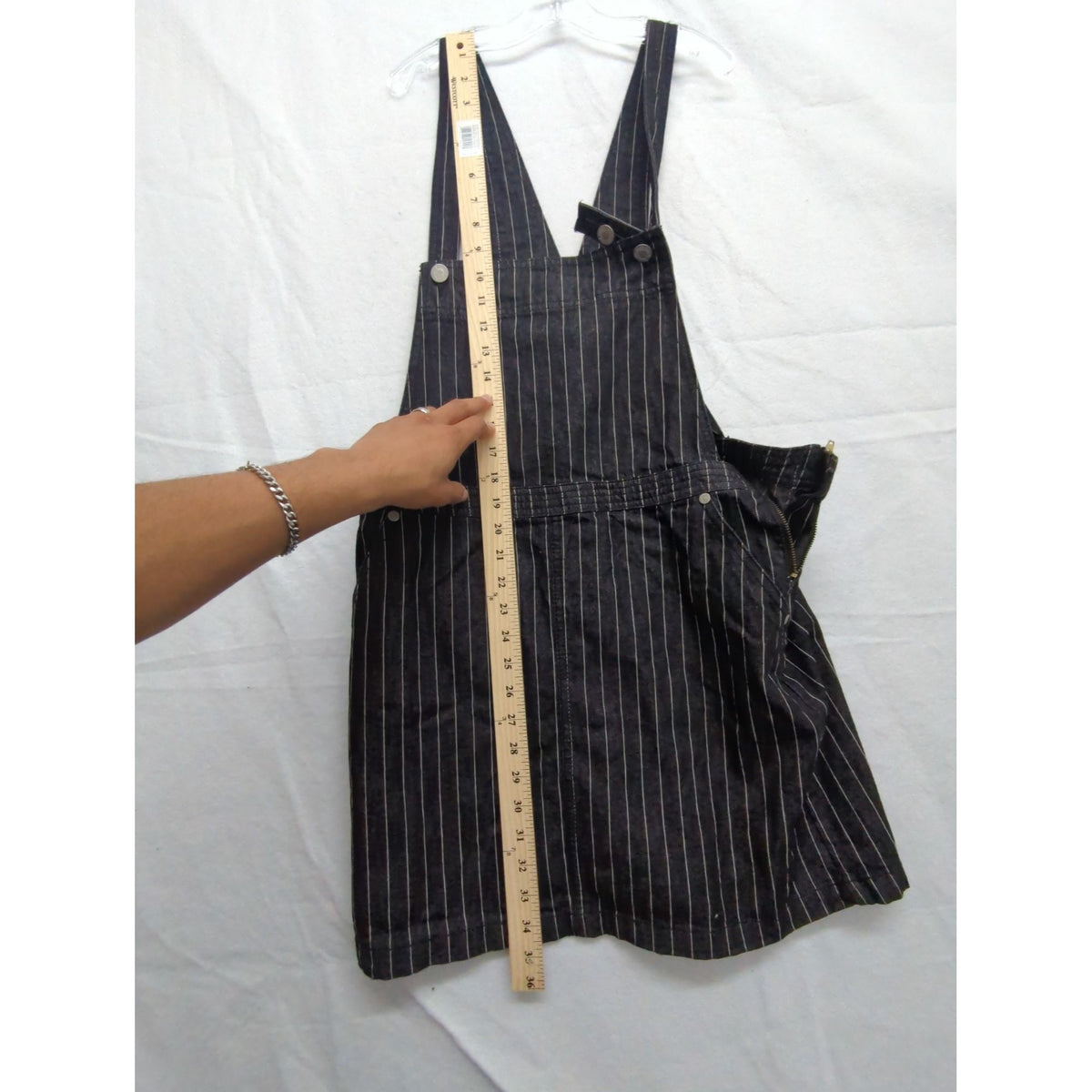 Brave Soul London Denim Studio Black Pinstripe Overall Skirt With Side Zipper Closure & Pockets Size 12-14