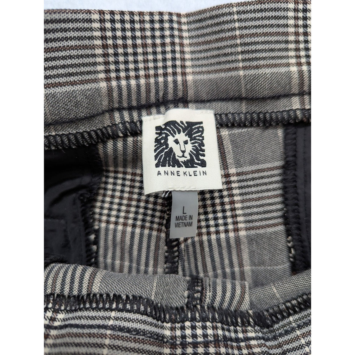 Anne Klein Womens Plaid Pants Size L Gray Black Checkered Pattern