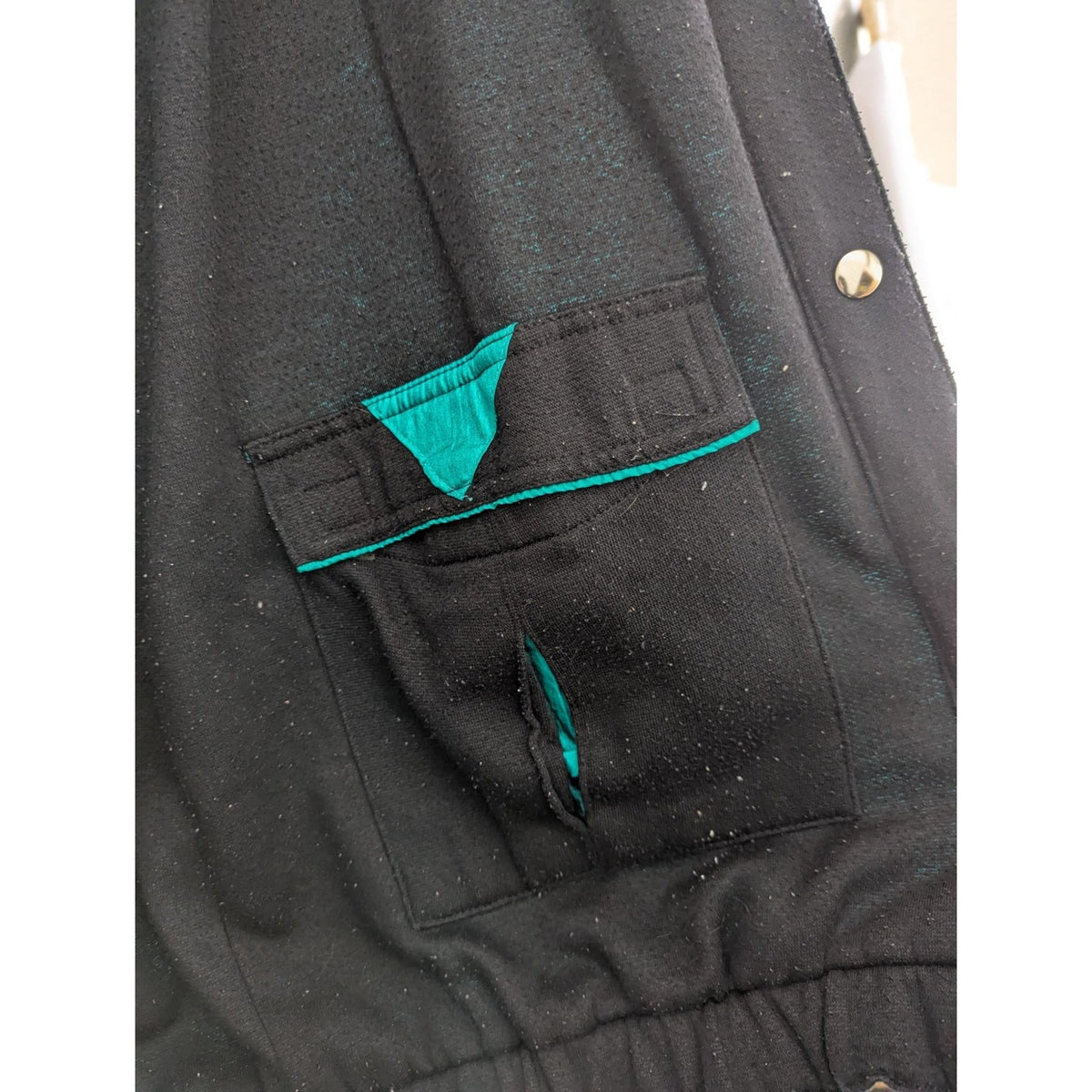 Vintage Teal & Black Hooded Winter Jacket With Snap Buttons