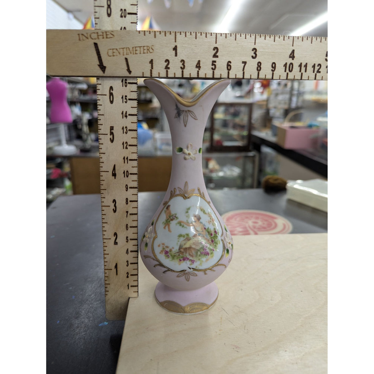 Vintage Pink Porcelain Miniature Vase With Gold Accents & Floral Detail 6.5 Inches Tall