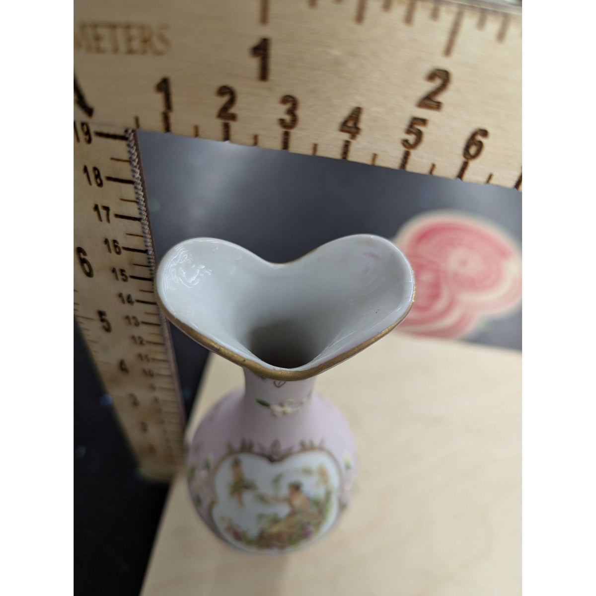 Vintage Pink Porcelain Miniature Vase With Gold Accents & Floral Detail 6.5 Inches Tall