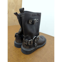 Brown Leather Buckle Strap Mid-Calf Boots Womens Size 36 Made In Myanmar Distressed Finish Durable Sole.