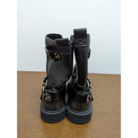 Brown Leather Buckle Strap Mid-Calf Boots Womens Size 36 Made In Myanmar Distressed Finish Durable Sole.