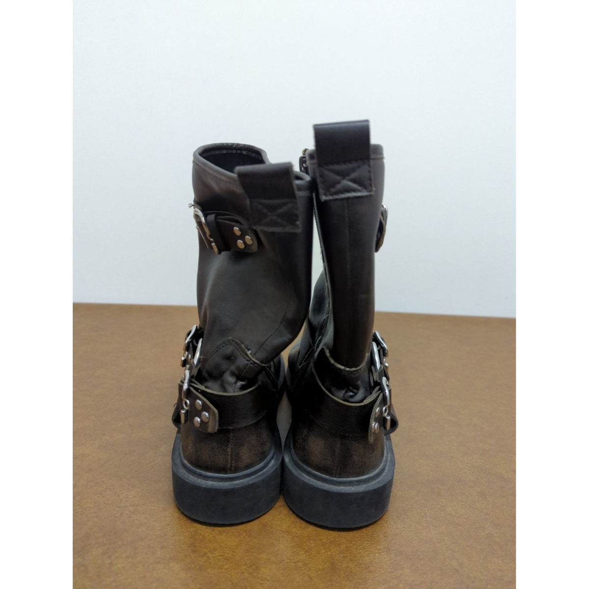 Brown Leather Buckle Strap Mid-Calf Boots Womens Size 36 Made In Myanmar Distressed Finish Durable Sole.