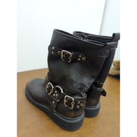 Brown Leather Buckle Strap Mid-Calf Boots Womens Size 36 Made In Myanmar Distressed Finish Durable Sole.
