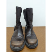 Brown Leather Buckle Strap Mid-Calf Boots Womens Size 36 Made In Myanmar Distressed Finish Durable Sole.