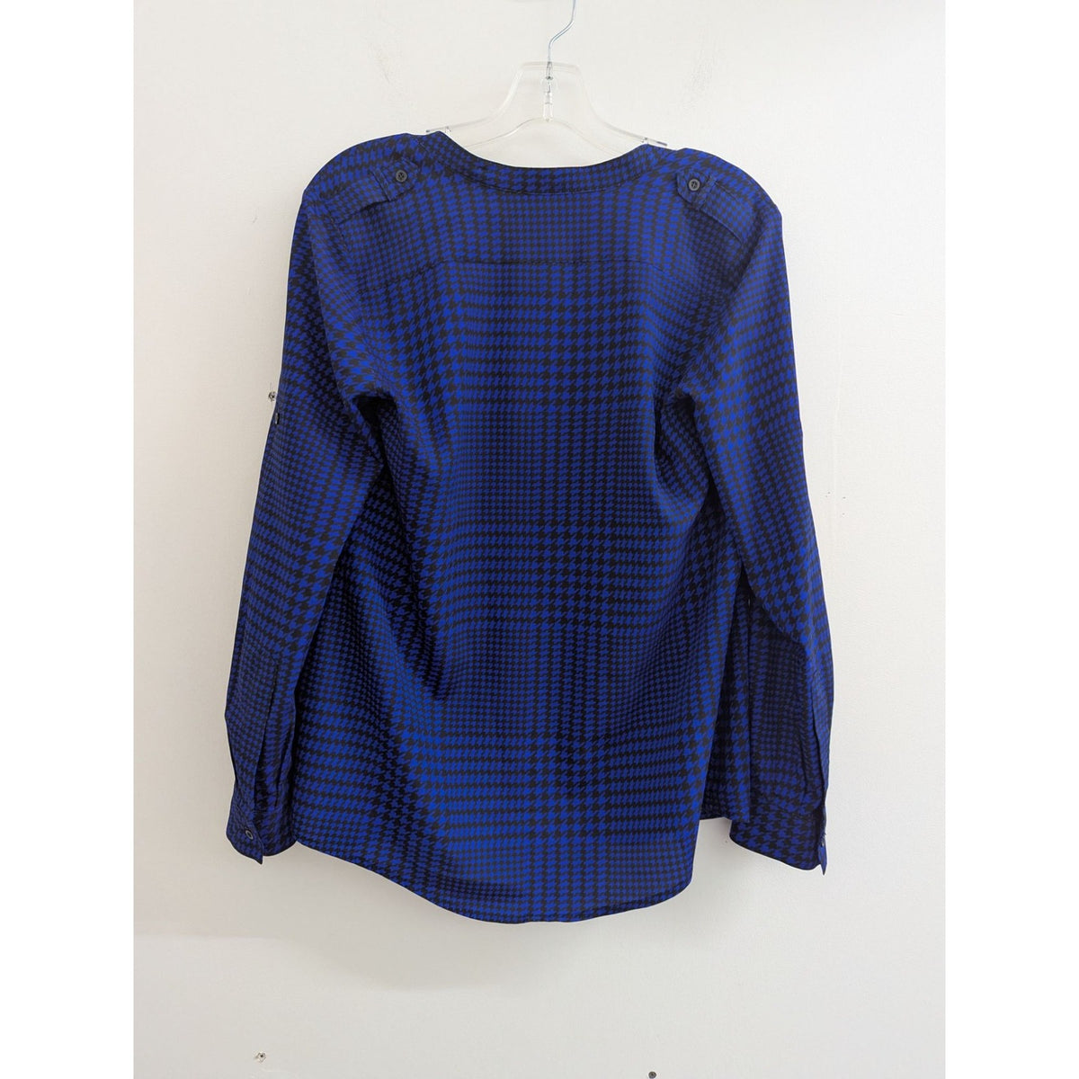 Calvin Klein Womens Blue & Black Houndstooth Button-Up Long Sleeve Shirt Blouse