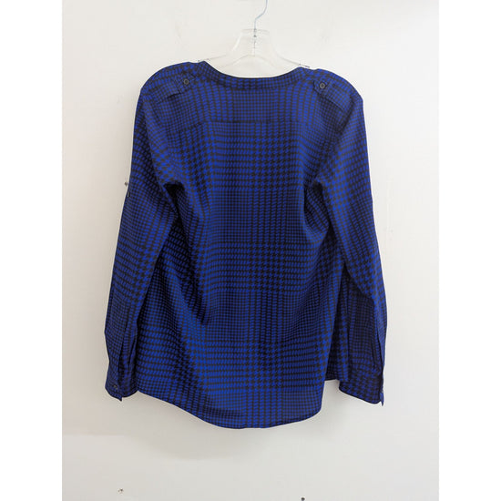 Calvin Klein Womens Blue & Black Houndstooth Button-Up Long Sleeve Shirt Blouse
