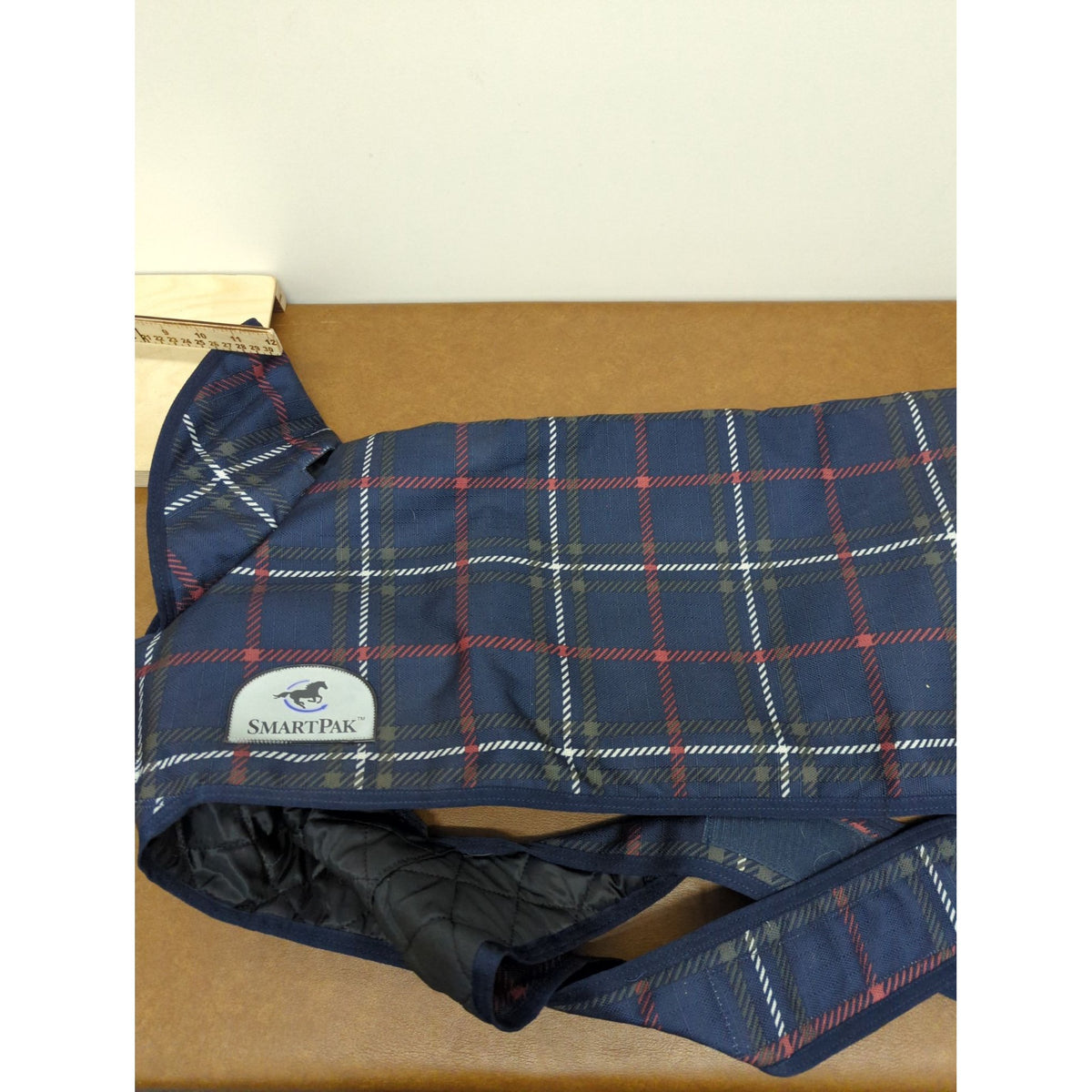 SmartPak Plaid Dog Coat 28" Navy With Quilted Lining & Adjustable Straps