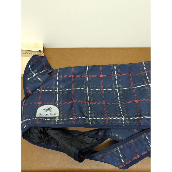 SmartPak Plaid Dog Coat 28" Navy With Quilted Lining & Adjustable Straps