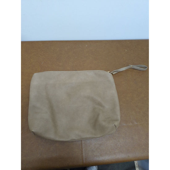 Madison West Beige Faux Leather Wristlet Clutch With Black & White Geometric Lining And Zip Closure
