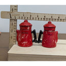 Vintage Red Metal Salt & Pepper Shakers In Teapot Design With Handles Rustic Kit