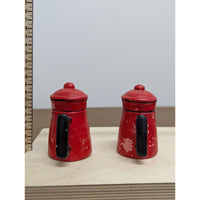 Vintage Red Metal Salt & Pepper Shakers In Teapot Design With Handles Rustic Kit