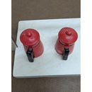 Vintage Red Metal Salt & Pepper Shakers In Teapot Design With Handles Rustic Kit