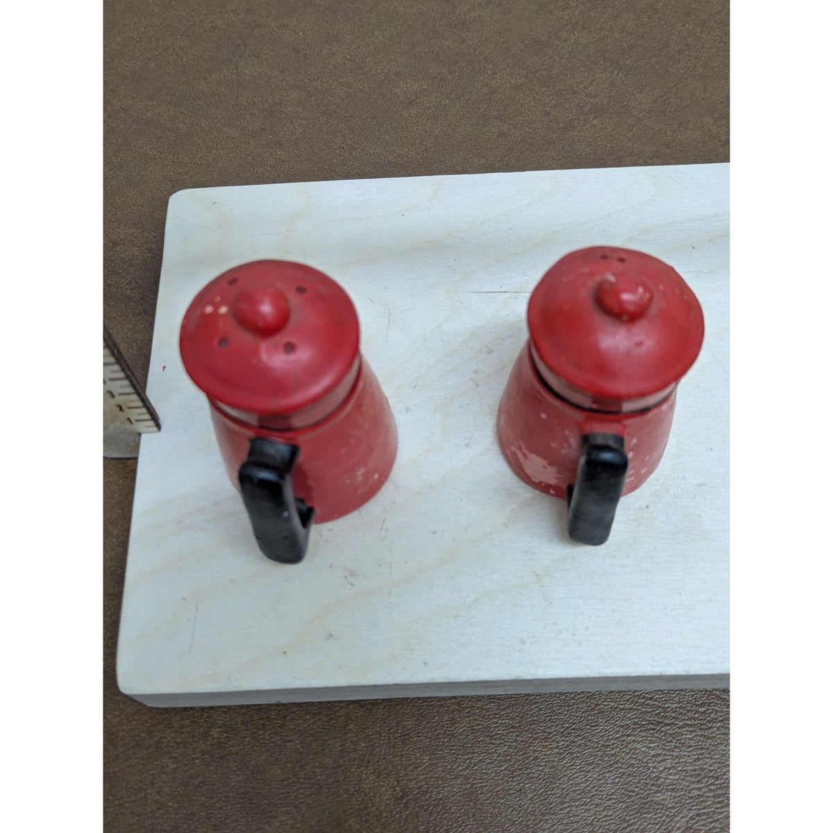 Vintage Red Metal Salt & Pepper Shakers In Teapot Design With Handles Rustic Kit
