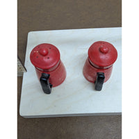 Vintage Red Metal Salt & Pepper Shakers In Teapot Design With Handles Rustic Kit
