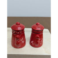Vintage Red Metal Salt & Pepper Shakers In Teapot Design With Handles Rustic Kit