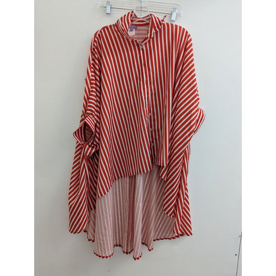 Red & White Striped Oversized Button-Up Shirt With High-Low Hem