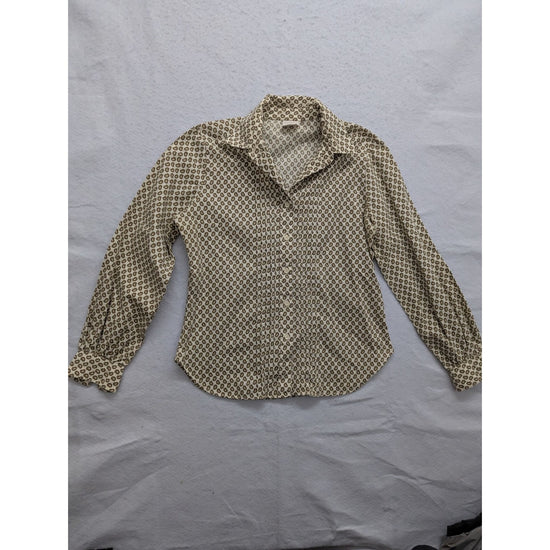 Vintage H Pattern Button-Up Long Sleeve Blouse Size S Beige/Brown