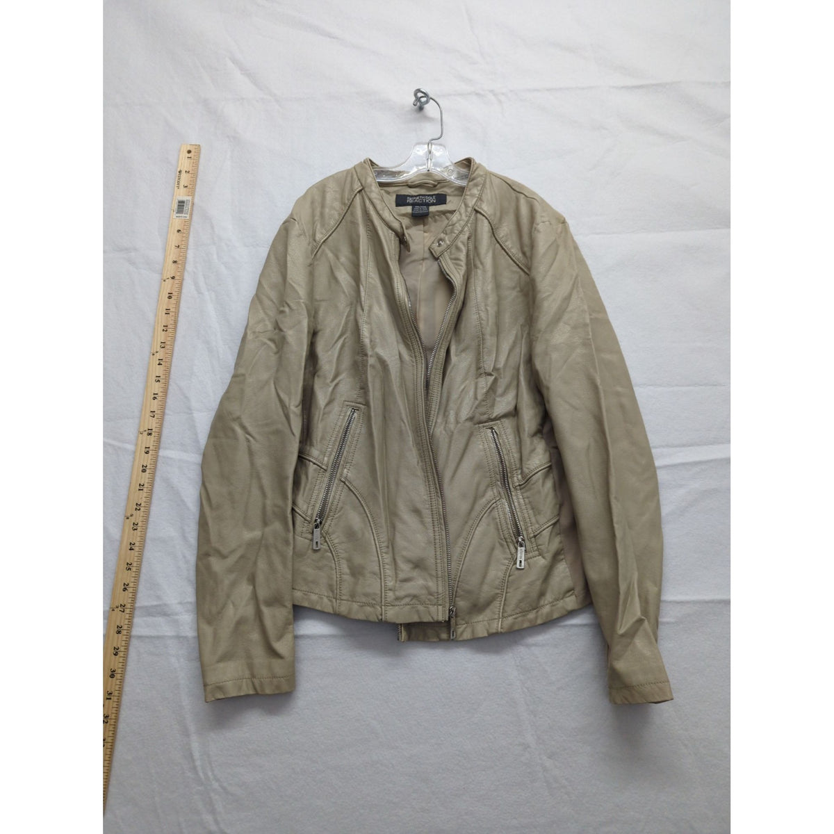 Kenneth Cole Reaction Beige Faux Leather Moto Jacket XXLG With Zip Pockets & Snap Collar