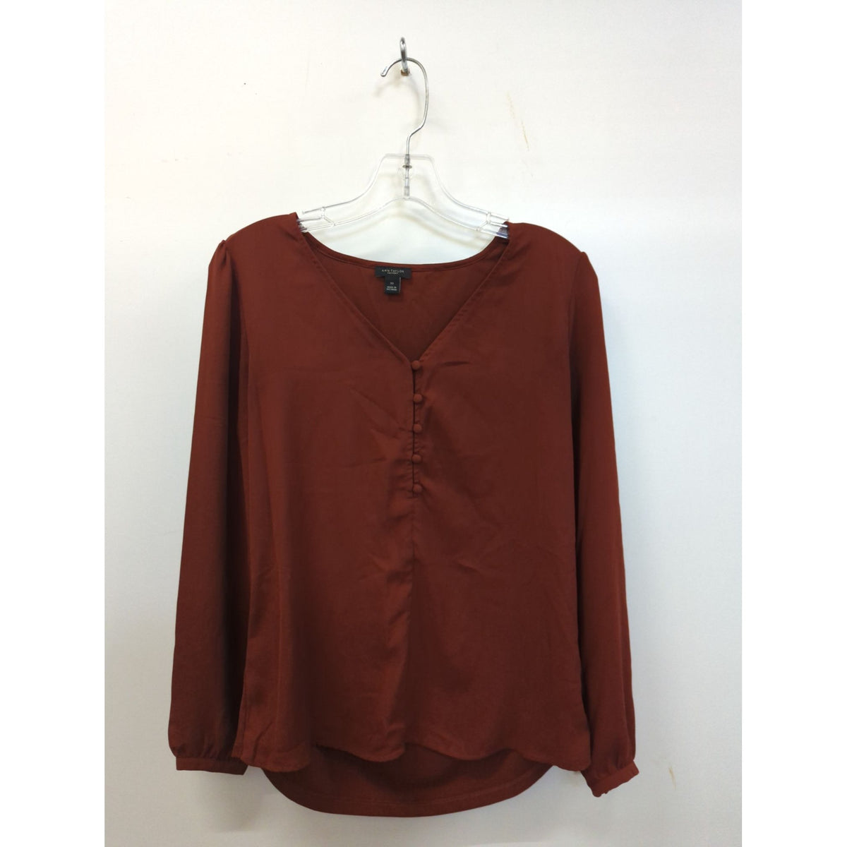 Ann Taylor Factory Womens XS Button-Front Long Sleeve Blouse In Rust Red Polyester