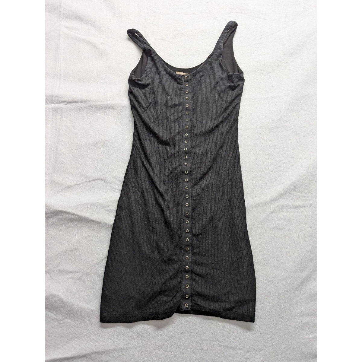 Black Ribbed Bodycon Dress With Button Accent S