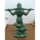 Vintage Green Ceramic Figurine Of Woman With Stick And Tree Base 12" Tall Glossy Finish
