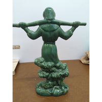 Vintage Green Ceramic Figurine Of Woman With Stick And Tree Base 12" Tall Glossy Finish