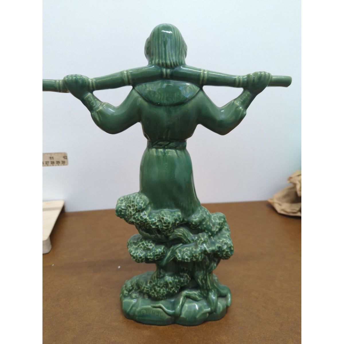 Vintage Green Ceramic Figurine Of Woman With Stick And Tree Base 12" Tall Glossy Finish