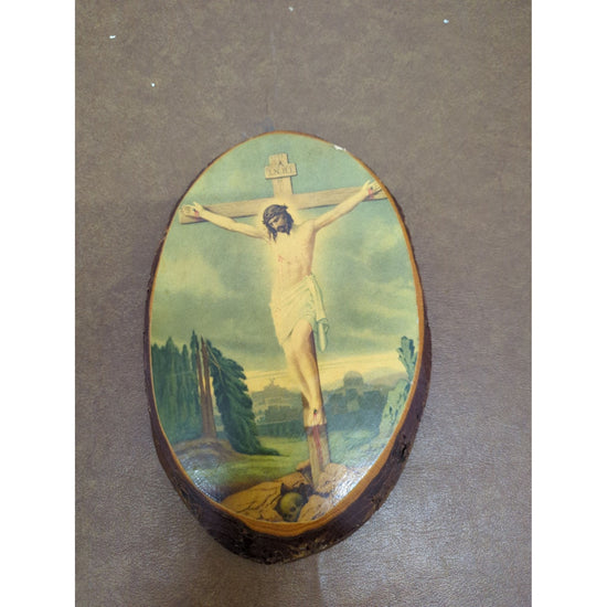 Wood Slice Wall Art Jesus Crucifixion Roswell New Mexico 8"x6" Vintage Religious Decor