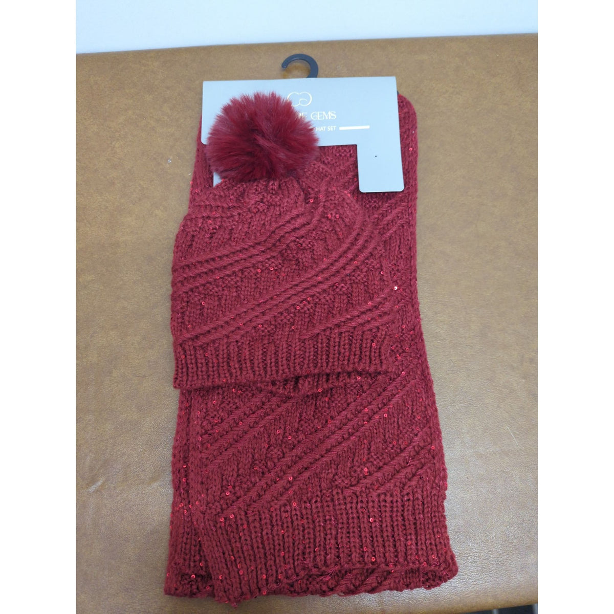 Couture Gems Scarf Gloves & Hat Set - Red Knit With Sequins & Pom Pom