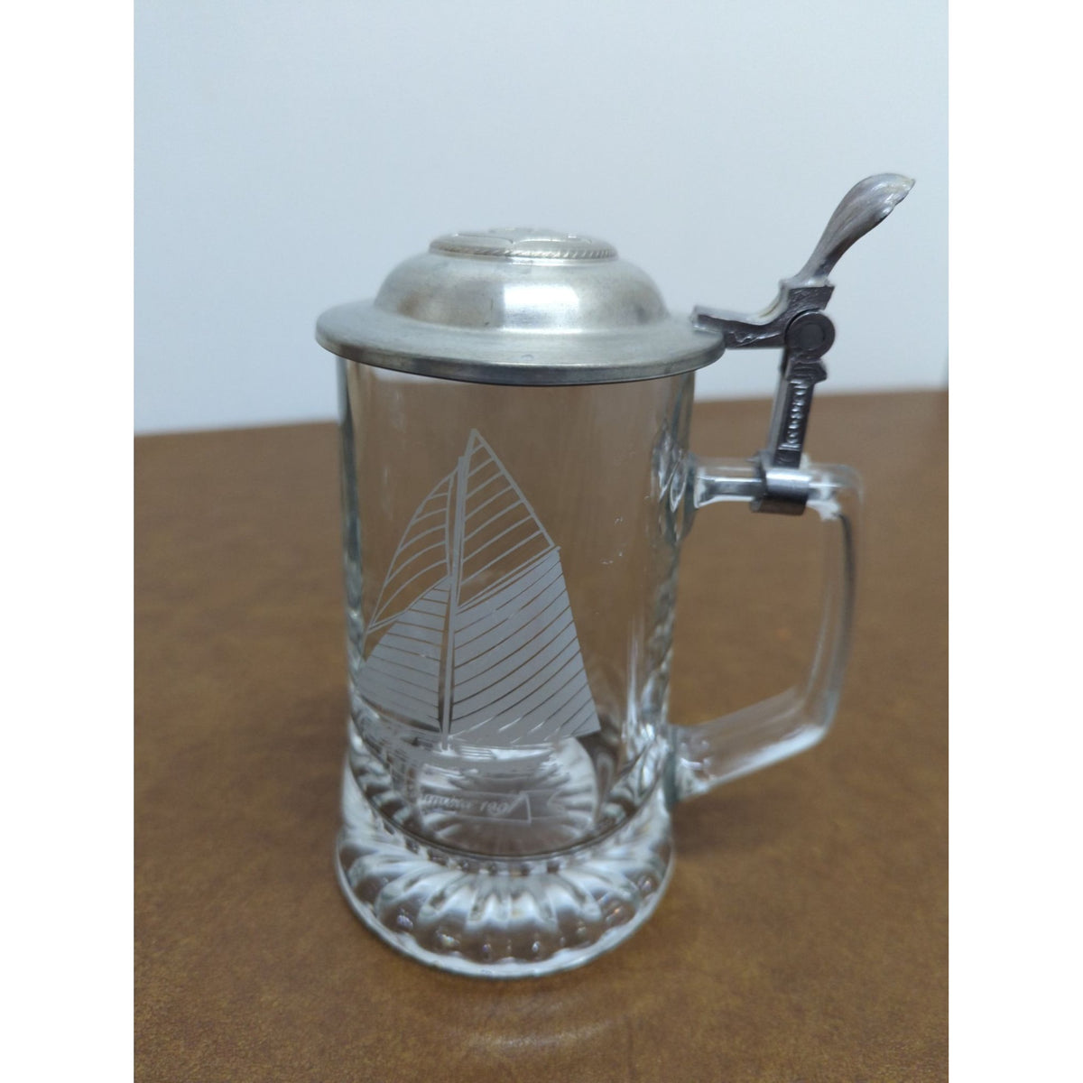 Vintage Glass Beer Stein With Pewter Lid & Sailboat Etching Anchor Design On Lid 5.5 Inches Tall