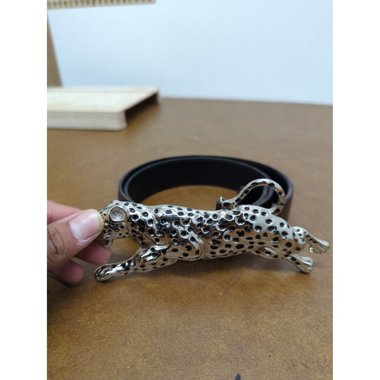 Silver Leopard Buckle Black Leather Belt Men’s 46 Inches Adjustable Stylish Accessory