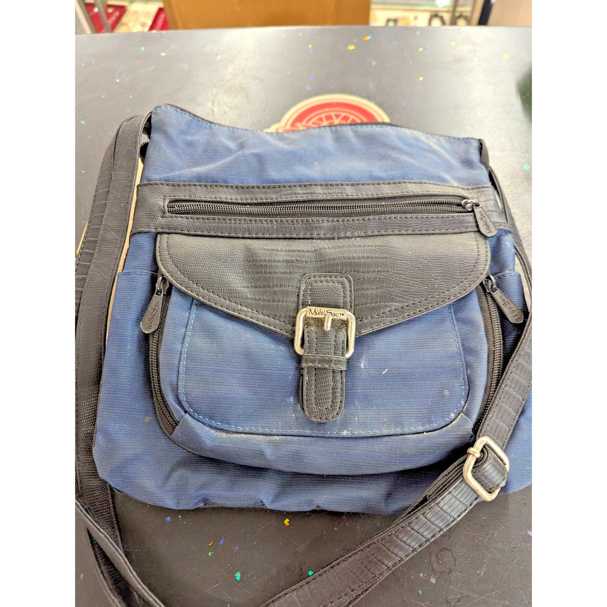 Multi Sac Blue Gray Crossbody Travel Bag With Lizard Texture Leather Trim