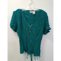 Betsy Lauren Green Crinkle Rayon Button-Up Short Sleeve Top With Fringe Hem Womens Size 12