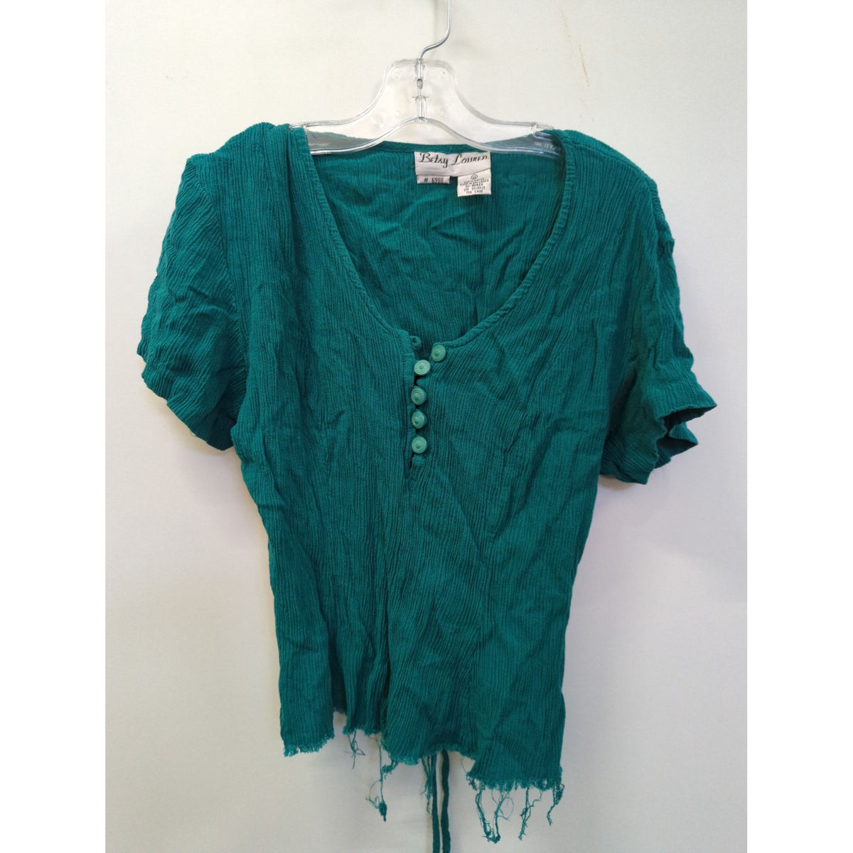 Betsy Lauren Green Crinkle Rayon Button-Up Short Sleeve Top With Fringe Hem Womens Size 12