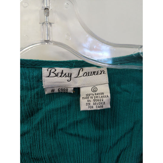 Betsy Lauren Green Crinkle Rayon Button-Up Short Sleeve Top With Fringe Hem Womens Size 12