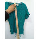 Betsy Lauren Green Crinkle Rayon Button-Up Short Sleeve Top With Fringe Hem Womens Size 12
