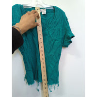 Betsy Lauren Green Crinkle Rayon Button-Up Short Sleeve Top With Fringe Hem Womens Size 12