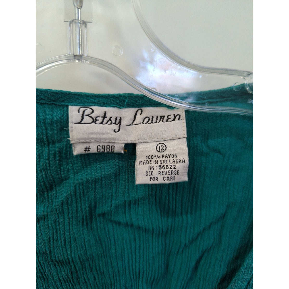 Betsy Lauren Green Crinkle Rayon Button-Up Short Sleeve Top With Fringe Hem Womens Size 12
