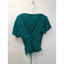 Betsy Lauren Green Crinkle Rayon Button-Up Short Sleeve Top With Fringe Hem Womens Size 12