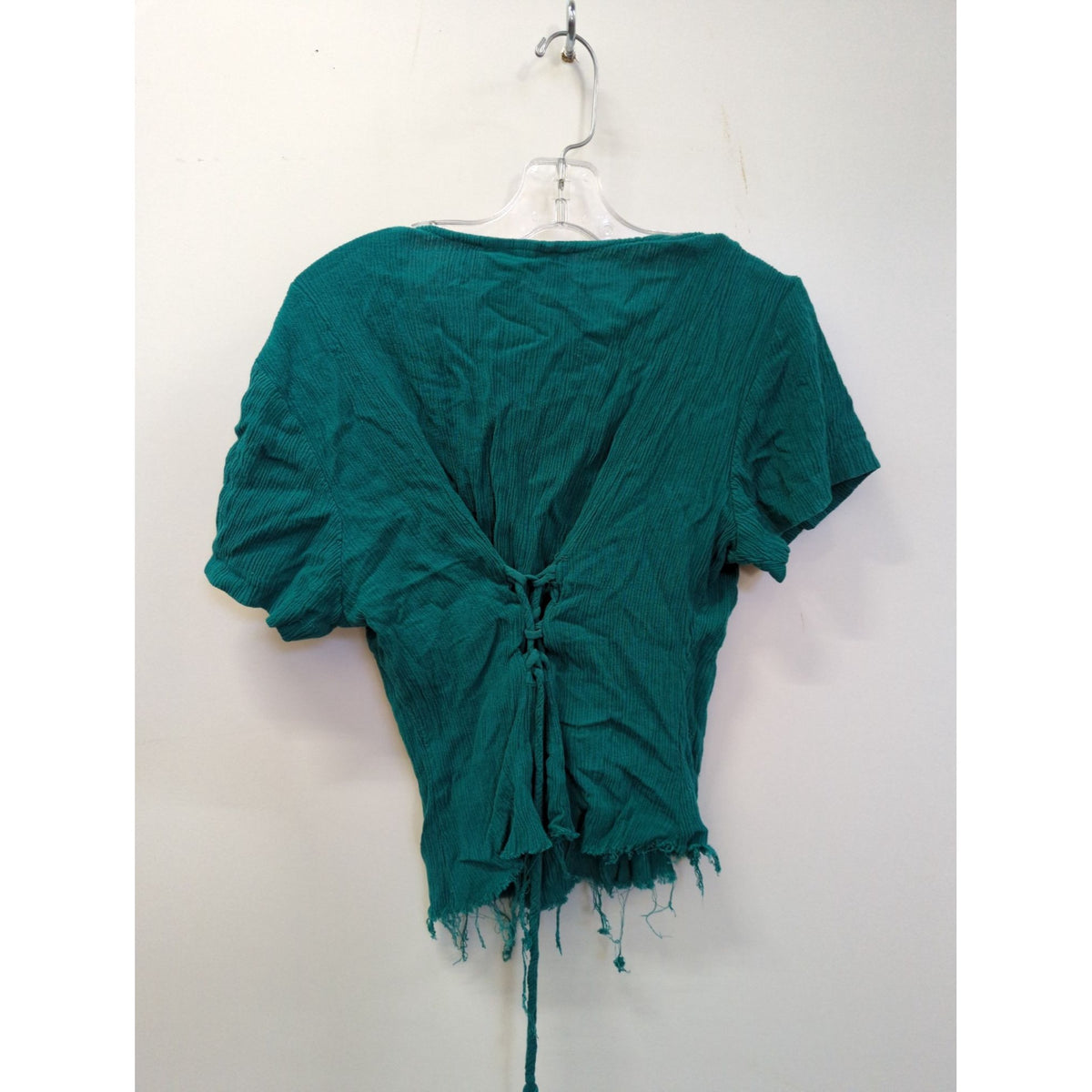 Betsy Lauren Green Crinkle Rayon Button-Up Short Sleeve Top With Fringe Hem Womens Size 12