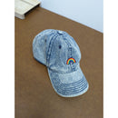 Denim Baseball Cap With Rainbow Embroidery Adjustable Strap Light Wash