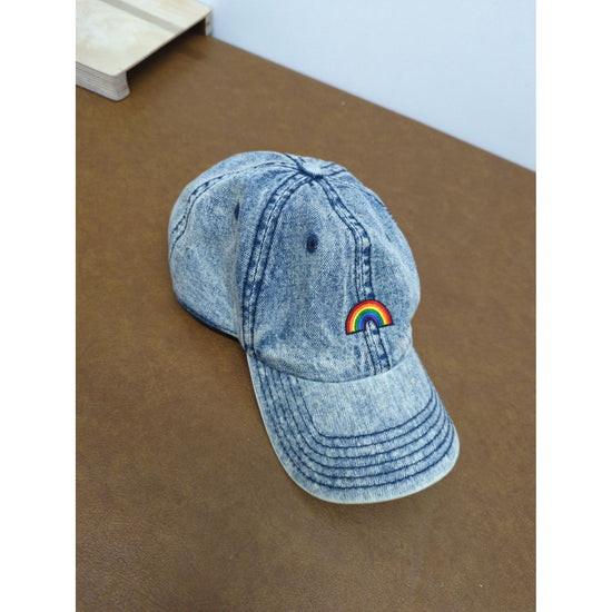 Denim Baseball Cap With Rainbow Embroidery Adjustable Strap Light Wash