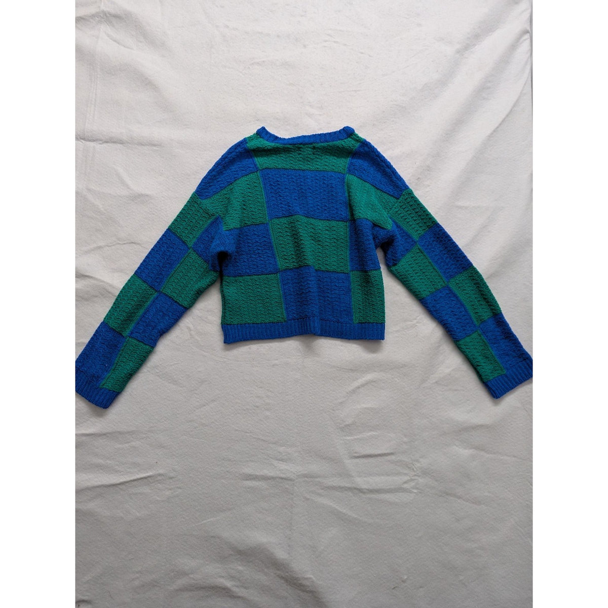 Asos Design Cropped Knit Sweater Blue & Green Checkered Pattern Size Tall UK 8 U