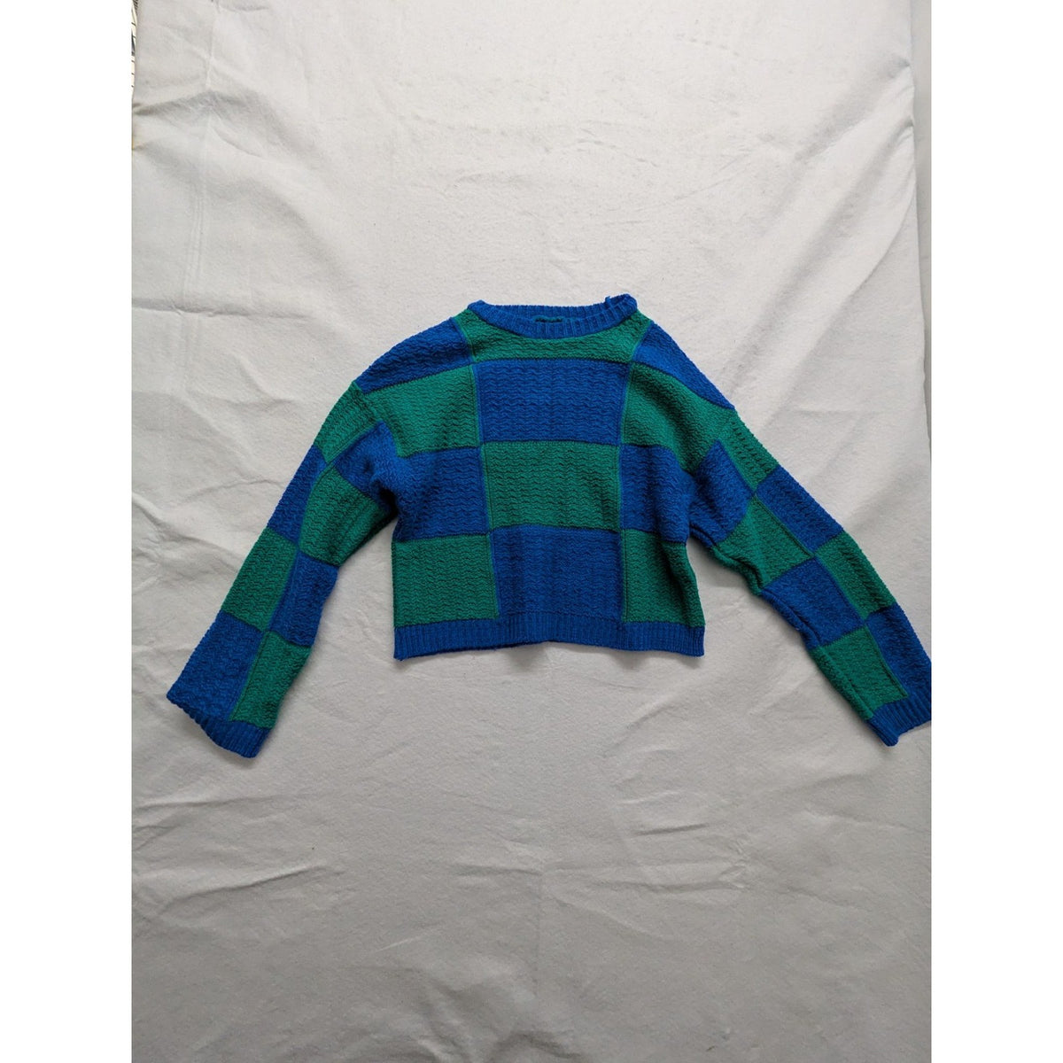 Asos Design Cropped Knit Sweater Blue & Green Checkered Pattern Size Tall UK 8 U